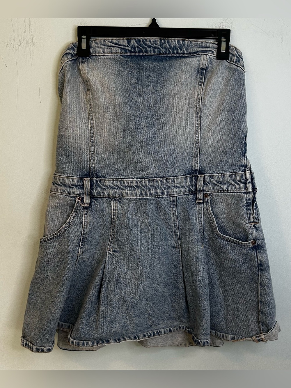 Zara Denim Light Wash Boho Strapless Pleated Mini Dress Size Large